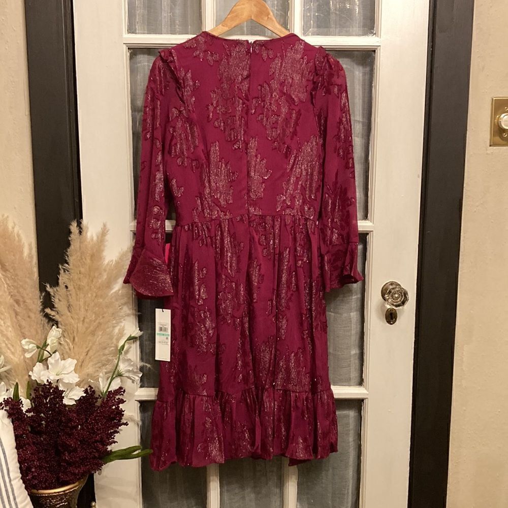 NWT Calvin Klein Burgundy and Silver Metallic Floral Dress - Picture 2 of 15